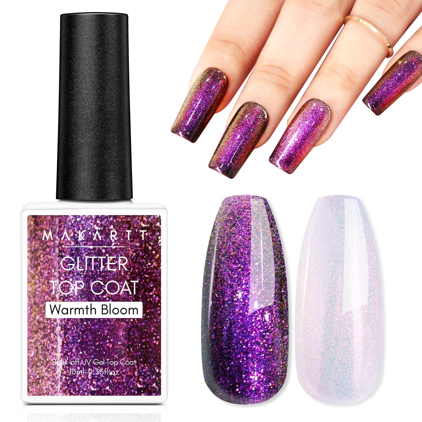 Makartt Glitter Gel Top Coat Nail Polish, Pink Aurora No Wipe, Uv/Led Needed Long Lasting High Shine Glossy Warmth Bloom Shimmer