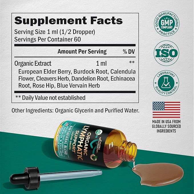 USDA Organic Lymphatic Drainage Supplement - Echinacea | Elderberry | Dandelion | Rosehip | Cleavers | Calendula | Burdock - Made in USA - Lymph System Drops - Immune Support, Cleanse & Detox, 3 Pack