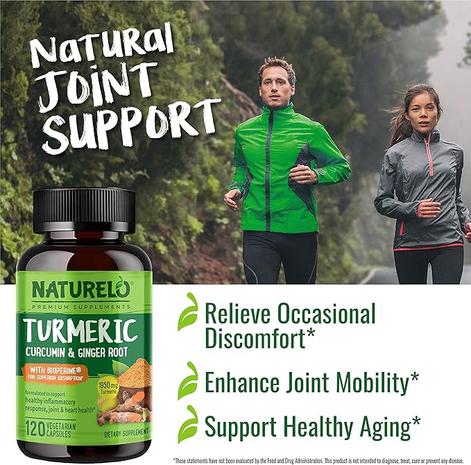 NATURELO Turmeric Curcumin - BioPerine for Better Absorption - Black Pepper, Ginger Root, Curcuminoids - Plant-Based Joint Discomfort Support - 120 Vegan Capsules (Pack of 2)